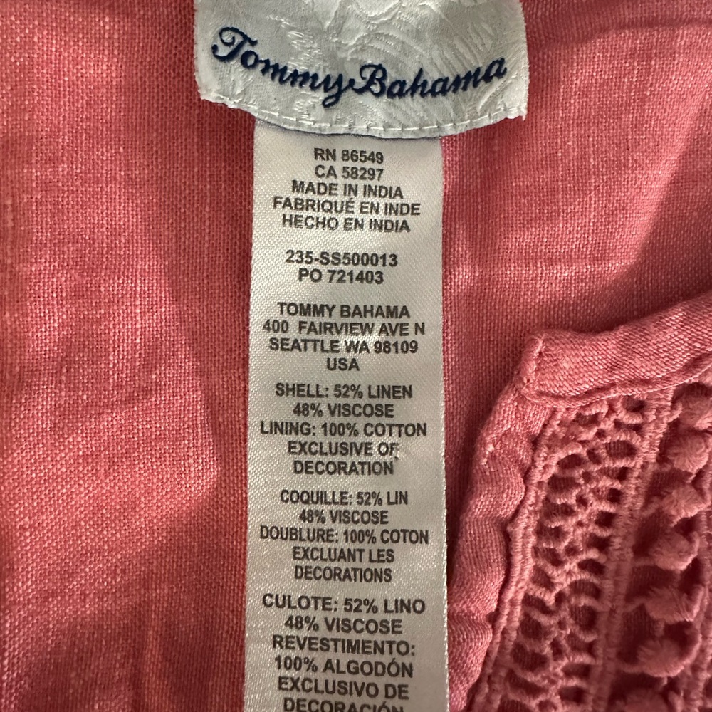Tommy Bahama Pink Linen Blend Eyelet Dress, Sz L - Picture 7 of 7